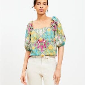 LOFT Palm Bubble Sleeve Square Neck Blouse